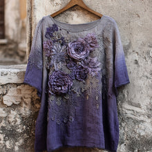 Load image into Gallery viewer, Vintage Purple Roses Embroidered Gradient Linen Tunic