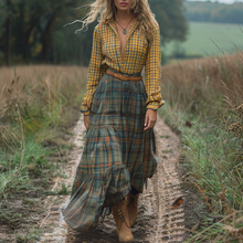 Load image into Gallery viewer, Women's Vintage V-neck Bohemian Pastoral Plaid Style Long-sleeve Maxi Long Dress