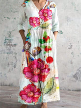 Load image into Gallery viewer, Women&#39;s Poppy Print V-Neck Cotton And Linen Dress