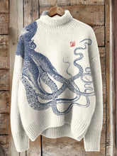 Load image into Gallery viewer, Japanese Octopus Art Print Turtleneck Knitted Cozy Pullover Sweater