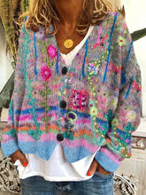 Load image into Gallery viewer, Vintage Floral Print V-Neck Long Sleeved Knitted Cardigan