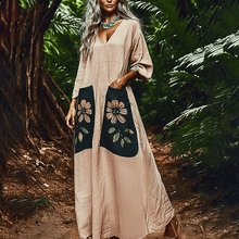 Load image into Gallery viewer, Women's Retro Contrast Pocket Three-quarter Sleeve Linen Maxi Dress