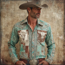 Load image into Gallery viewer, Western Bull Skull Pattern Men's Linen Long Sleeve Shirt