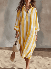 Load image into Gallery viewer, Relaxed Striped Resort Yellow &amp; White Stripe Midi Dress
