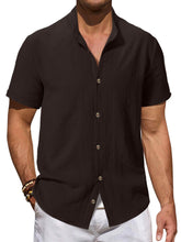 Load image into Gallery viewer, Men's summer stand collar cotton and linen solid color pleated texture comfortable short-sleeved shirt