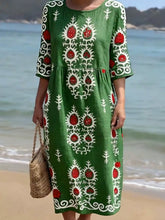 Load image into Gallery viewer, Women's Casual  Round Neck Mid Sleeve Print Cotton and Linen Dress