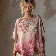Load image into Gallery viewer, Pink Butterflies Embroidered Gradient Flowy Linen Shirt