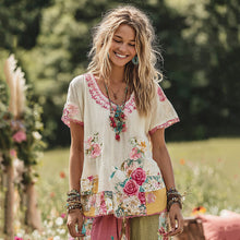 Load image into Gallery viewer, Women's Holiday Embroidered Floral Patchwork T-shirt