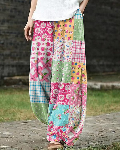 Vintage Contrast Floral Bohemian Casual Pants