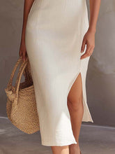 Load image into Gallery viewer, Off-the-shoulder Split-hem Cotton Linen Midi Dress