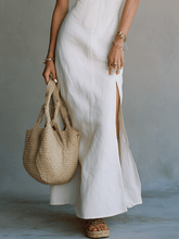 Load image into Gallery viewer, Elegant White Minimal Strappy Slit Maxi Dress