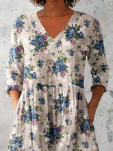 Load image into Gallery viewer, Women's Elegant Floral Pattern Round Neck Cotton and Linen Top
