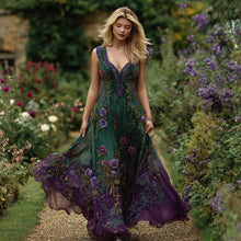 Load image into Gallery viewer, Vintage Rose Floral Embroidered Gradient Linen Maxi Dress