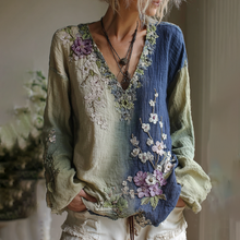 Load image into Gallery viewer, Classy Vintage Gradient Japanese Sakura Cherry Blossoms Embroidered Cotton And Linen Long Sleeve Shirt