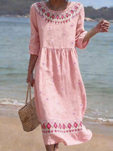 Load image into Gallery viewer, Women's Casual  Round Neck Mid Sleeve Print Cotton and Linen Dress