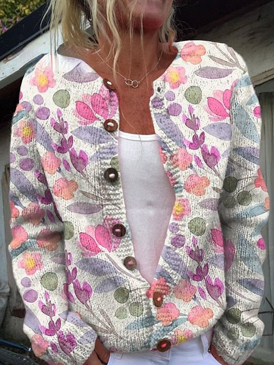 Fresh Pink Flowers Print Buttoned Cardigan Sweater