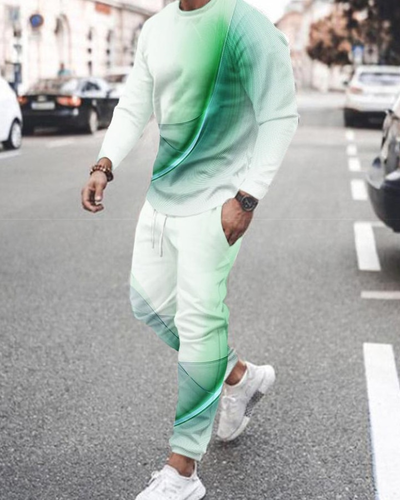 Men's casual gradient print color matching long-sleeved sports set 011