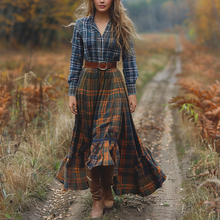 Load image into Gallery viewer, Women's Vintage V-neck Bohemian Pastoral Plaid Style Long-sleeve Maxi Long Dress