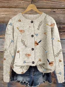 Birds Floral Embroidery Pattern Cozy Knit Cardigan