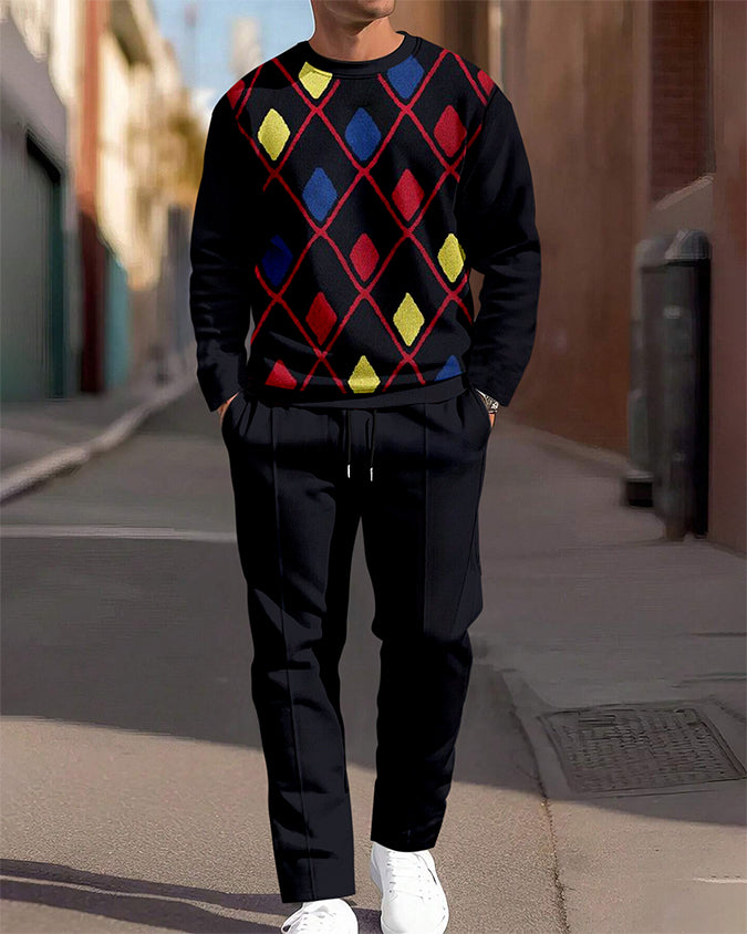 Men's Simple Colorblock Round Neck Casual Sports Set 071