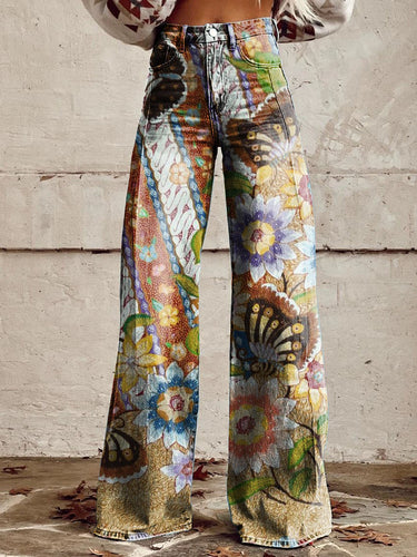 Women's Vintage Butterfly Floral Print Wide Leg Pants