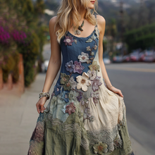 Load image into Gallery viewer, Classy Gradient Japanese Sakura Cherry Blossoms Embroidered Pattern Linen Suspender Long Dress
