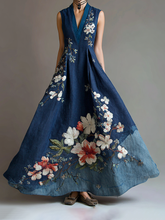 Load image into Gallery viewer, Women's Retro Japanese Sakura Art Stitching Casual Linen Dress