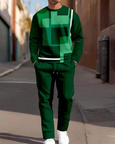 Men's Simple Colorblock Round Neck Casual Sports Set 0195