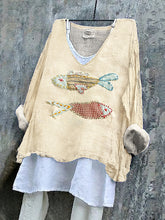 Load image into Gallery viewer, Women's Japanese Style Stitched Fish Art Pattern Vintage Linen Shirt