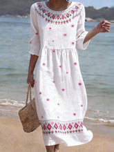 Load image into Gallery viewer, Women's Casual  Round Neck Mid Sleeve Print Cotton and Linen Dress