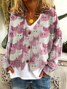 Crowded Cats Pink Crochet Art Cozy Knit Cardigan