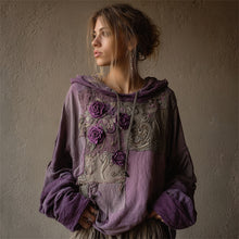 Load image into Gallery viewer, Vintage Purple Roses Fiber Art Patchwork Hoodie