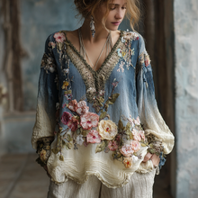 Load image into Gallery viewer, Women's Vintage Floral Wave Embroidery Pattern Casual Shirt