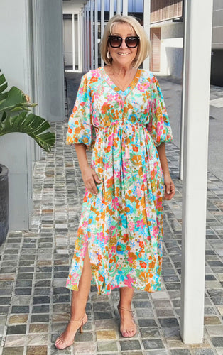 V-neck Printed Lantern Sleeve Tunic Dress