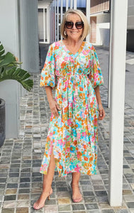 V-neck Printed Lantern Sleeve Tunic Dress