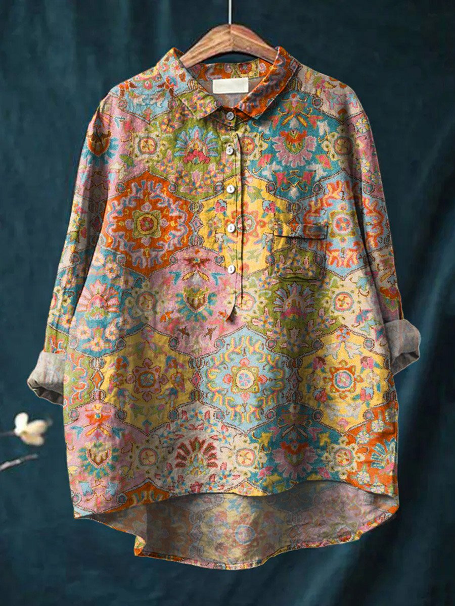 Vintage Ethnic Pattern Art Print Casual Cotton And Linen Shirt