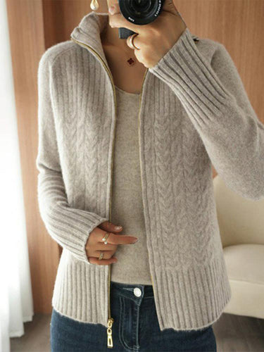 Cable-Knit Apricot Plain Zip V Neck Sweater Cardigan