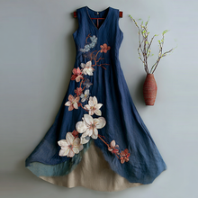 Load image into Gallery viewer, Women's Vintage Floral Embroidery Contrast Design Linen Sleeveless Dress