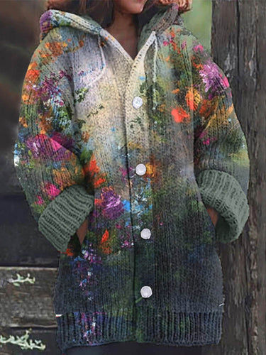 Wearshes Women Vintage Floral Art Cozy Knit Button Hooded Cardigan