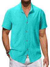 Load image into Gallery viewer, Men's summer stand collar cotton and linen solid color pleated texture comfortable short-sleeved shirt