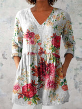 Load image into Gallery viewer, Women's Elegant Floral Pattern Round Neck Cotton and Linen Top