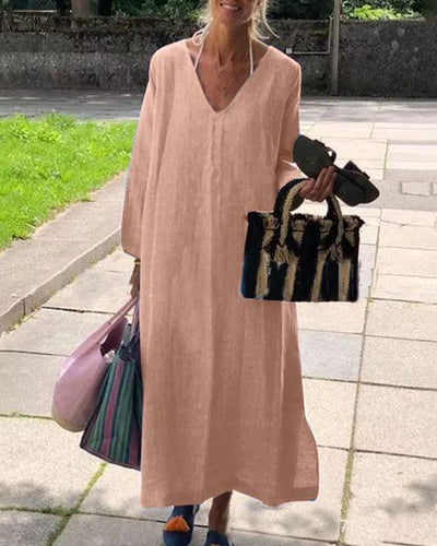 Casual Vintage Pure Color V Neck Linen Cotton Dress