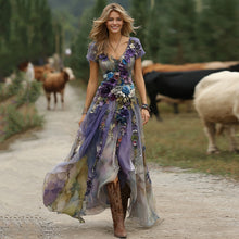 Load image into Gallery viewer, Classy Gradient Purple Lavender And Floral Printed Short Sleeve Maxi Dress