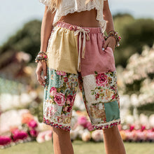 Load image into Gallery viewer, Women's Bohemian Patchwork Rose Contrast Belt Pocket Shorts