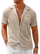 Load image into Gallery viewer, Men's Cuban Collar Pocket Solid Color Vertical Striped Pocket Short-sleeved Shirt