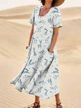 Load image into Gallery viewer, White Bunny In Spring Field Repeat Printed Women's Linen Pocket Dress
