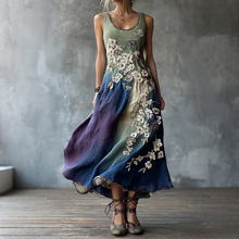Load image into Gallery viewer, Classy Gradient Japanese Sakura Cherry Blossoms Embroidered Pattern Linen Round Neck Long Dress