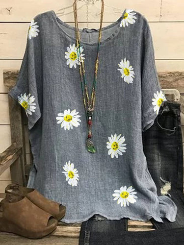 Gray Floral-Print Casual Crew Neck Cotton-Blend Shirts & Topss
