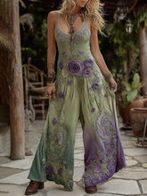 Load image into Gallery viewer, Vintage Classy Gradient Purple Lavender And Floral Embroidered Pattern Art Cotton Linen Jumpsuit