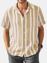 Load image into Gallery viewer, Men's Hawaiian Simple Striped Faux Linen Comfortable Short Sleeve Cuban Collar Shirt